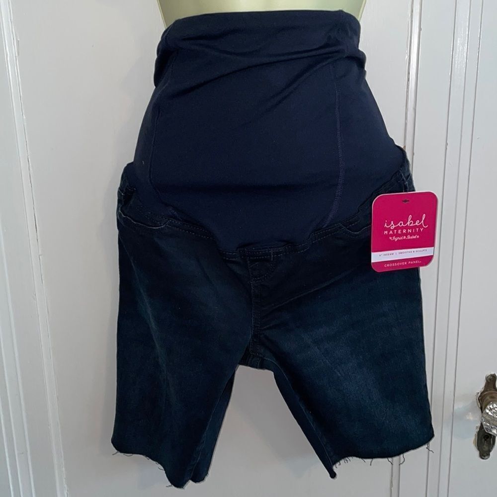 NWT Isabel Maternity dark denim Bermuda shorts with unfinished hems